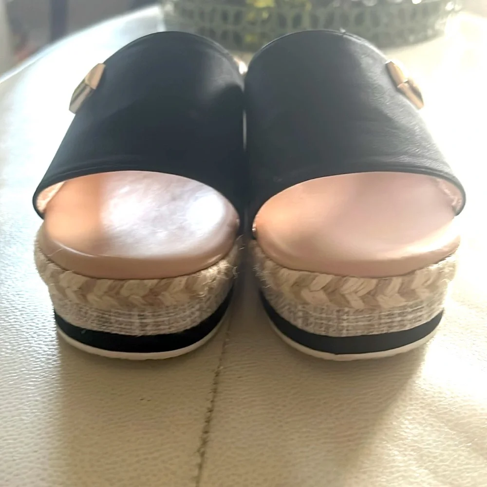 Platform Roman Open Toe Wedge Slides Sandals 7/8 Black Espadrilles Mules Casual
